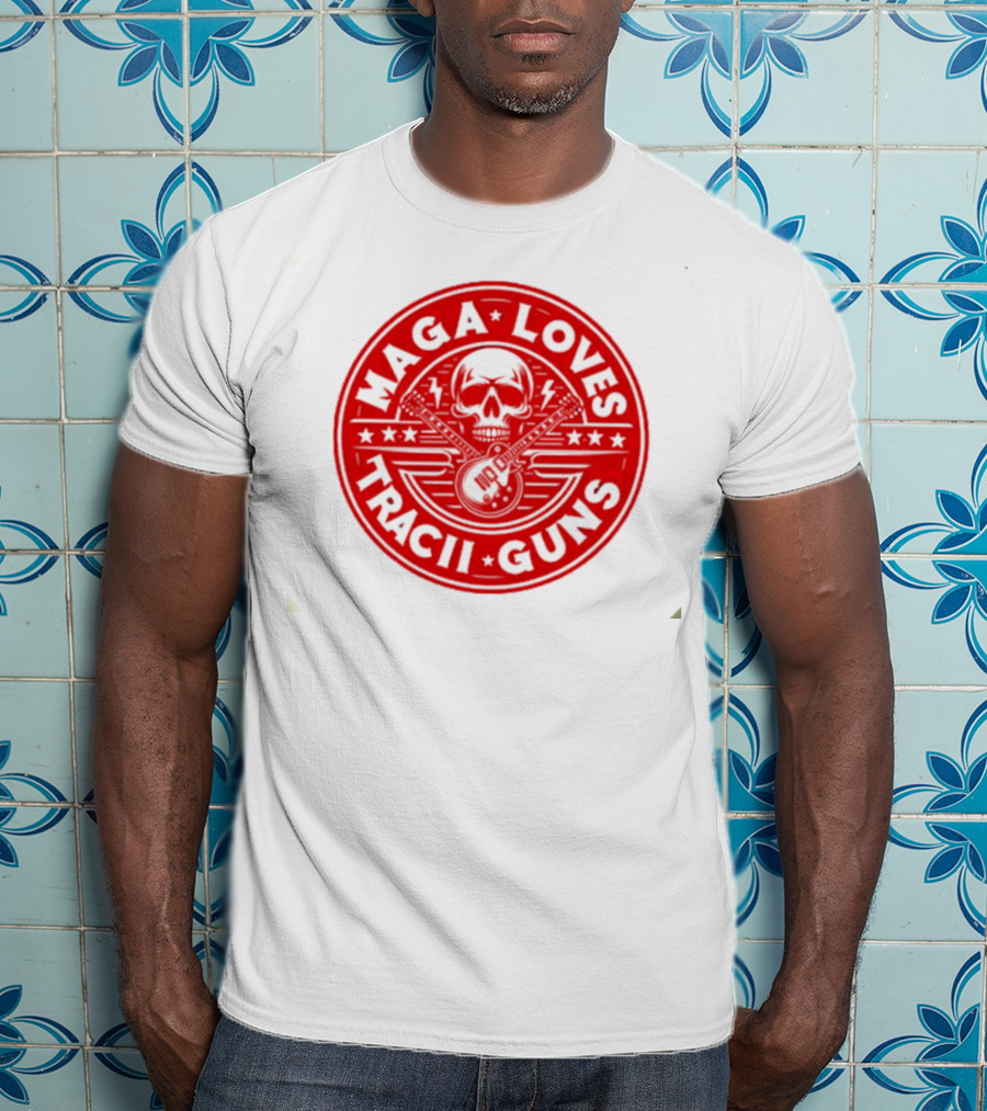 Maga Loves Tracii Guns Skull And Guitar Emblem With Stars And Lightning Bolts T-Shirt