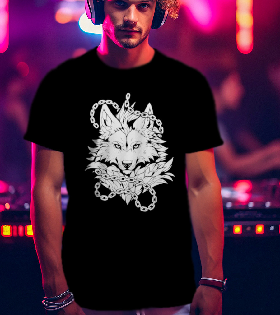 Wolf And Chains Intricate Black White T-Shirt