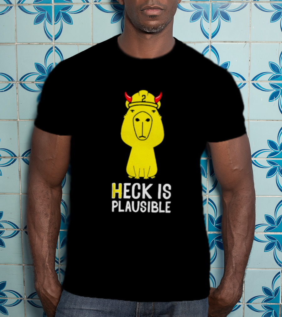 HECK IS PLAUSIBLE 2 Red Horned Yellow Character T-Shirt