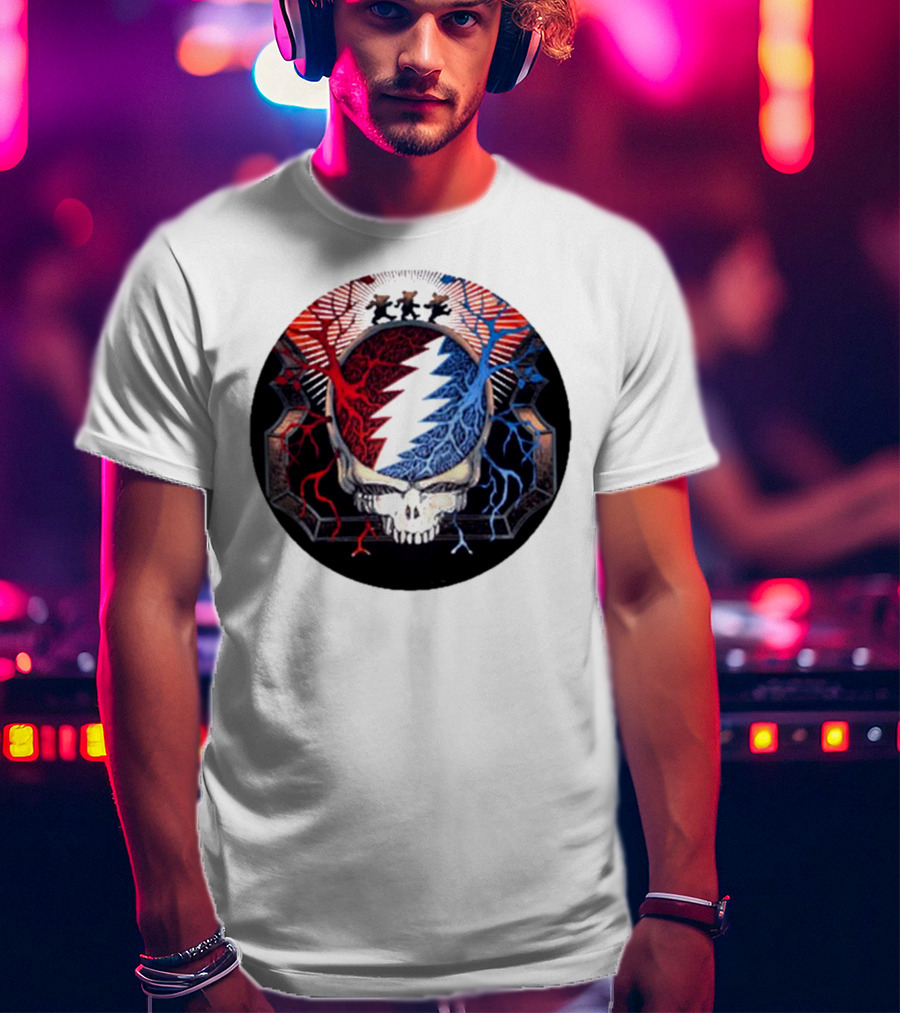 Grateful Dead Skull Bear Red Blue Lightning Bolt Circle T-Shirt