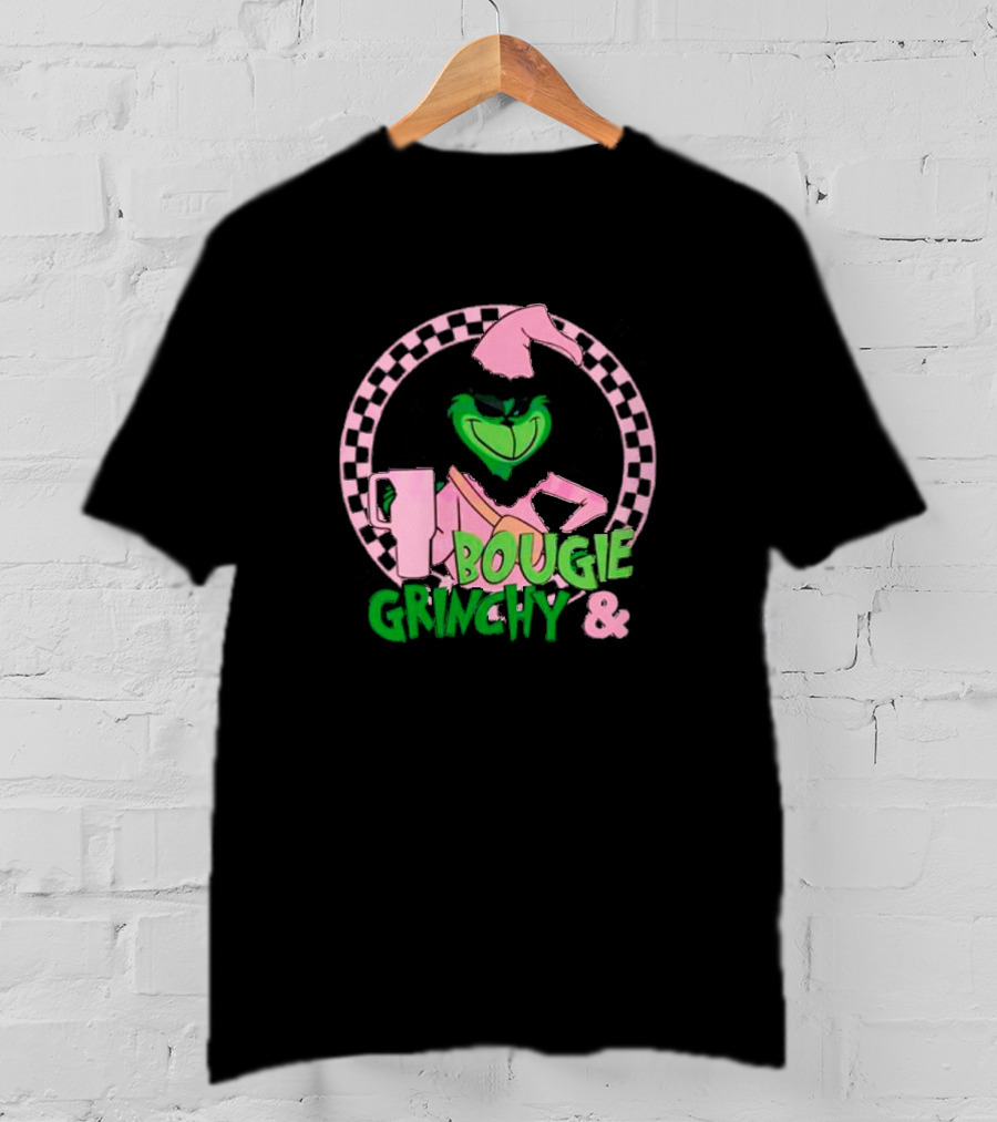 Bougie Grinchy And Pink Character With Checkerboard Circle T-Shirt