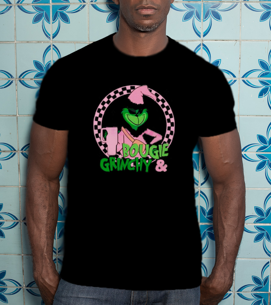 Bougie Grinchy And Pink Character With Checkerboard Circle T-Shirt
