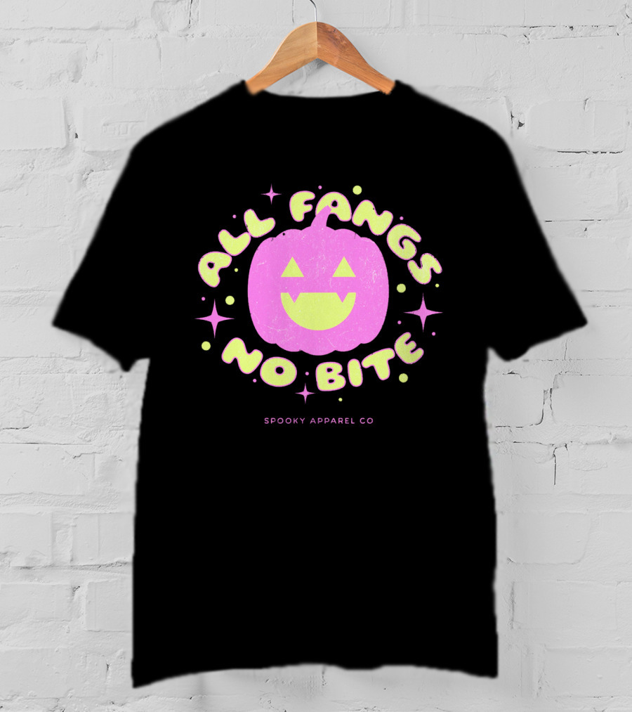 All Fangs No Bite Spooky Apparel Co Halloween Pumpkin T-Shirt