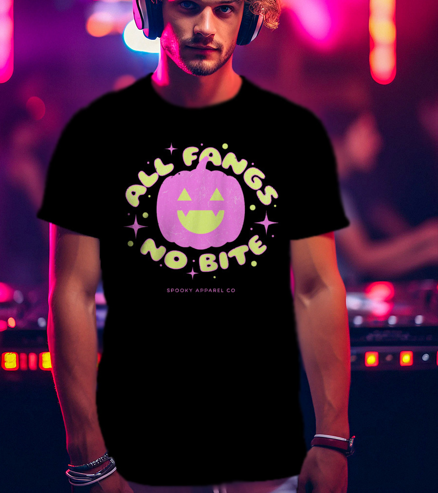 All Fangs No Bite Spooky Apparel Co Halloween Pumpkin T-Shirt