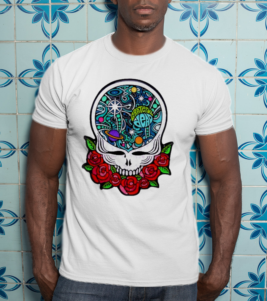 Grateful Dead Skull With Cosmic Rose Design By Danny Steinman T-Shirt