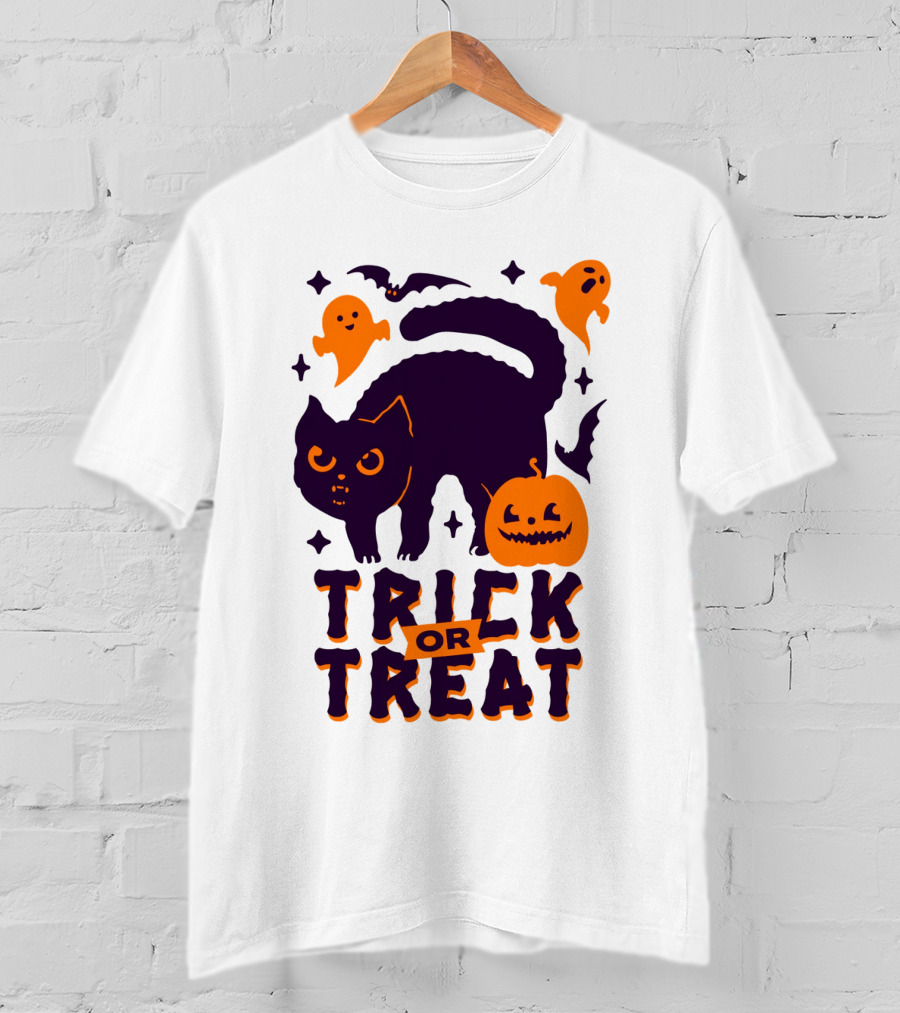 Trick Or Treat Halloween Cats Pumpkins Ghosts And Bats T-Shirt
