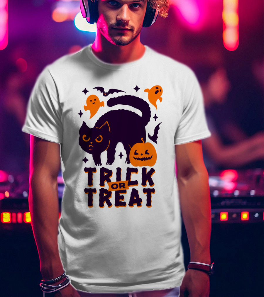 Trick Or Treat Halloween Cats Pumpkins Ghosts And Bats T-Shirt