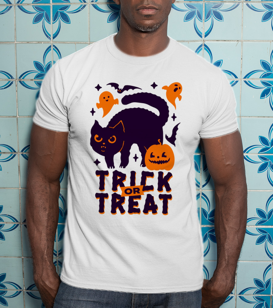 Trick Or Treat Halloween Cats Pumpkins Ghosts And Bats T-Shirt
