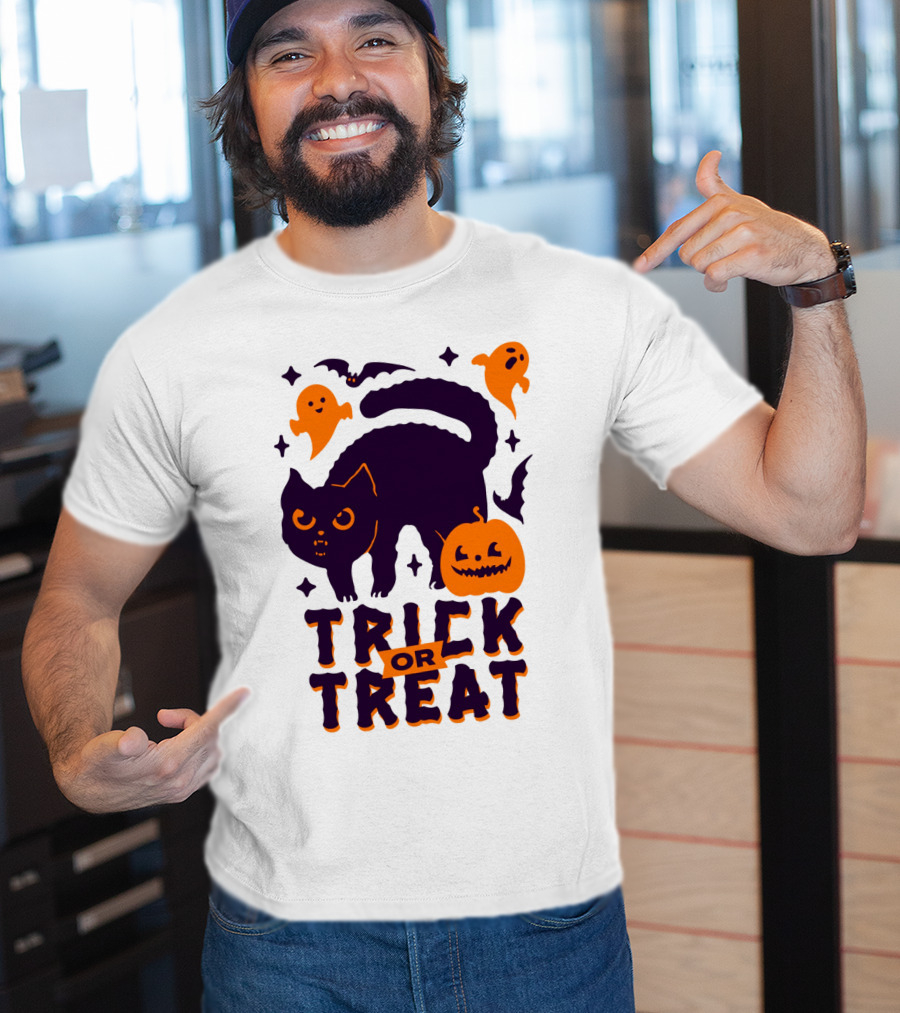 Trick Or Treat Halloween Cats Pumpkins Ghosts And Bats T-Shirt