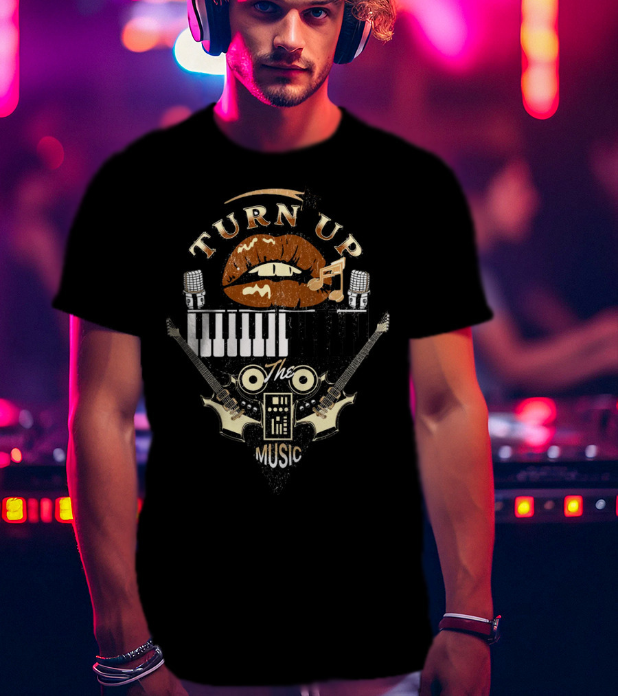 TURN UP THE MUSIC Keyboard Guitars And Microphones T-Shirt