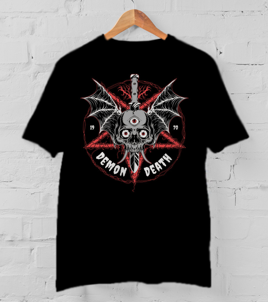 DEMON DEATH 1970 Skull With Wings And Knife In Pentagram T-Shirt