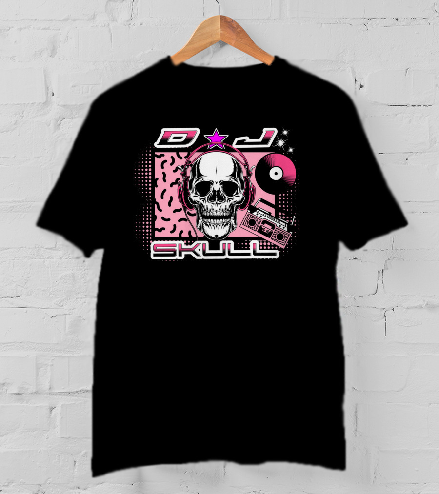 DJ Skull Retro Headphones Boombox Vinyl Star T-Shirt