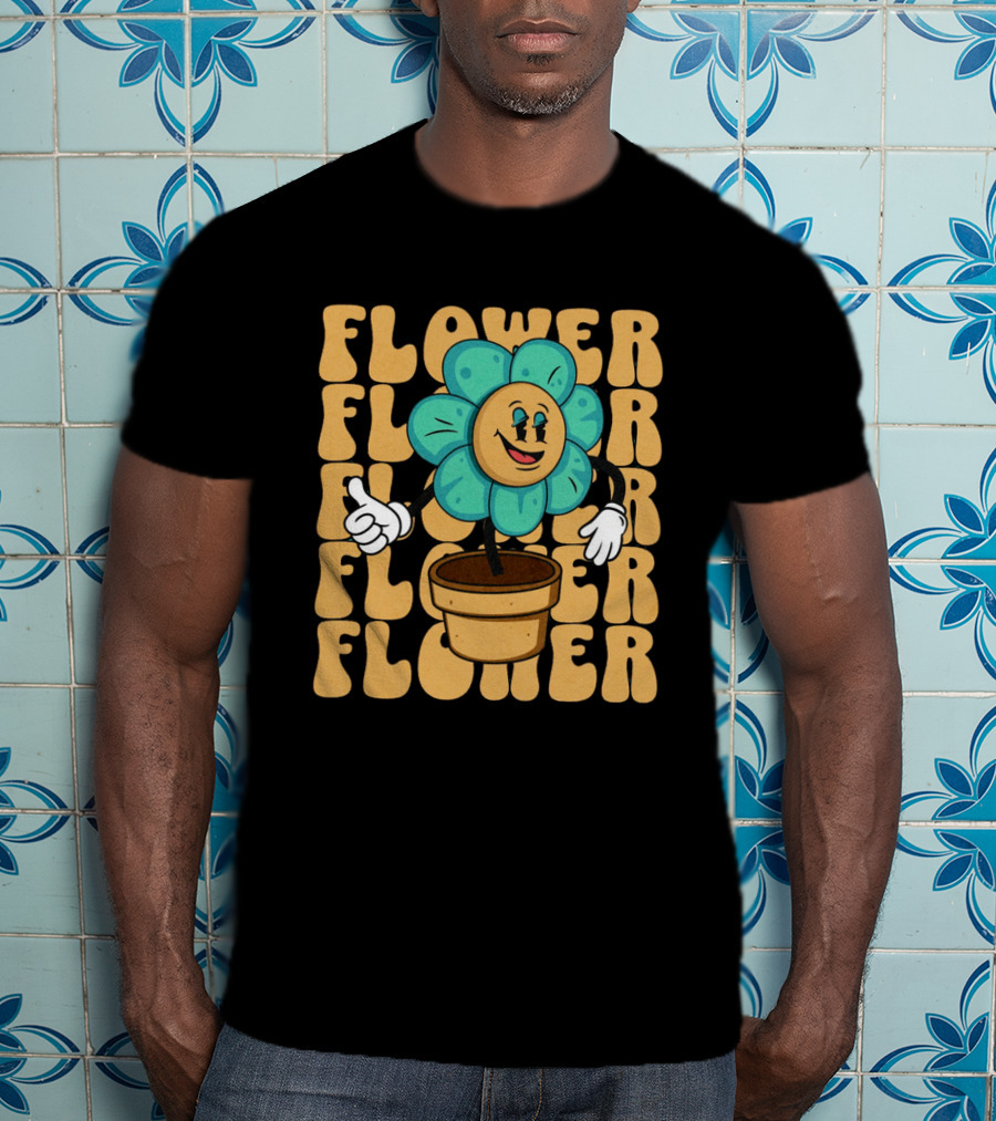 Flower Happy Blue Petal Character In Pot With Groovy Text T-Shirt
