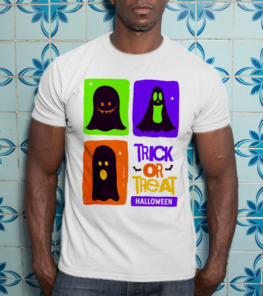 Halloween Trick Or Treat Ghosts In Colorful Boxes T-Shirt
