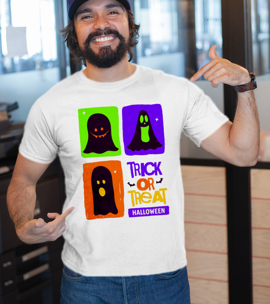 Halloween Trick Or Treat Ghosts In Colorful Boxes T-Shirt