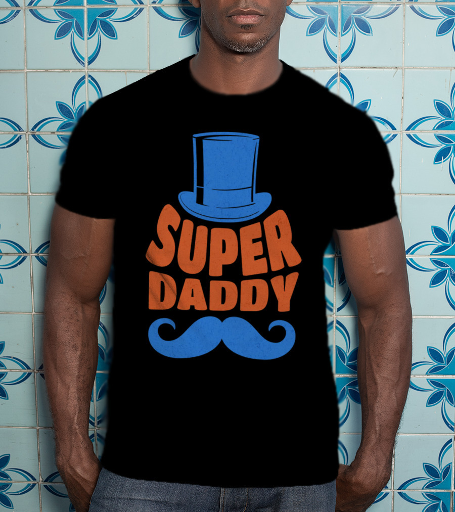 Super Daddy Mustache Top Hat Blue T-Shirt