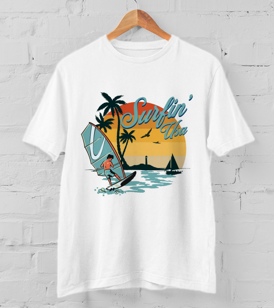 Surfin' Usa Retro Sunset Windsurfer Palm Trees Ocean Scene T-Shirt
