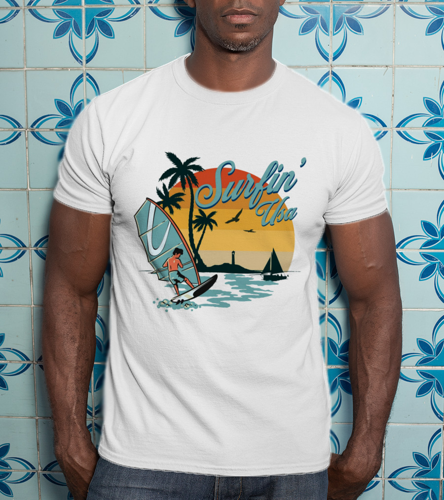 Surfin' Usa Retro Sunset Windsurfer Palm Trees Ocean Scene T-Shirt