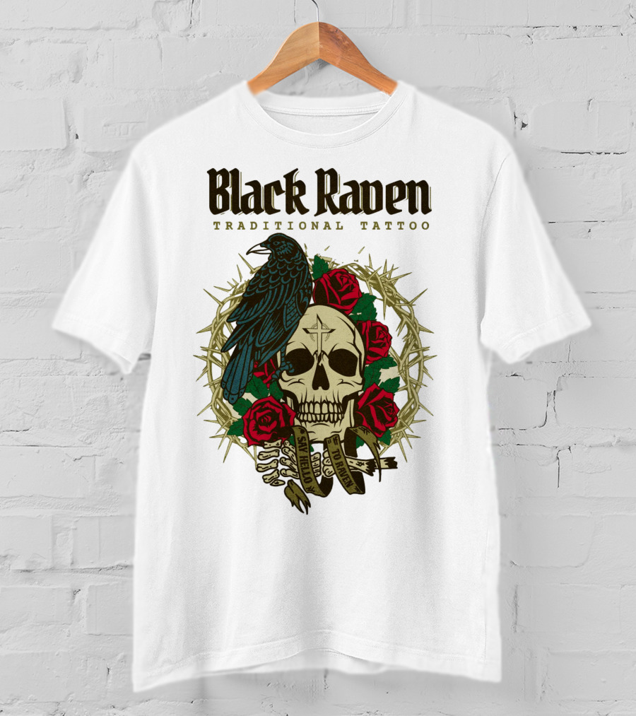 Black Raven Traditional Tattoo Skull Roses Thorns T-Shirt