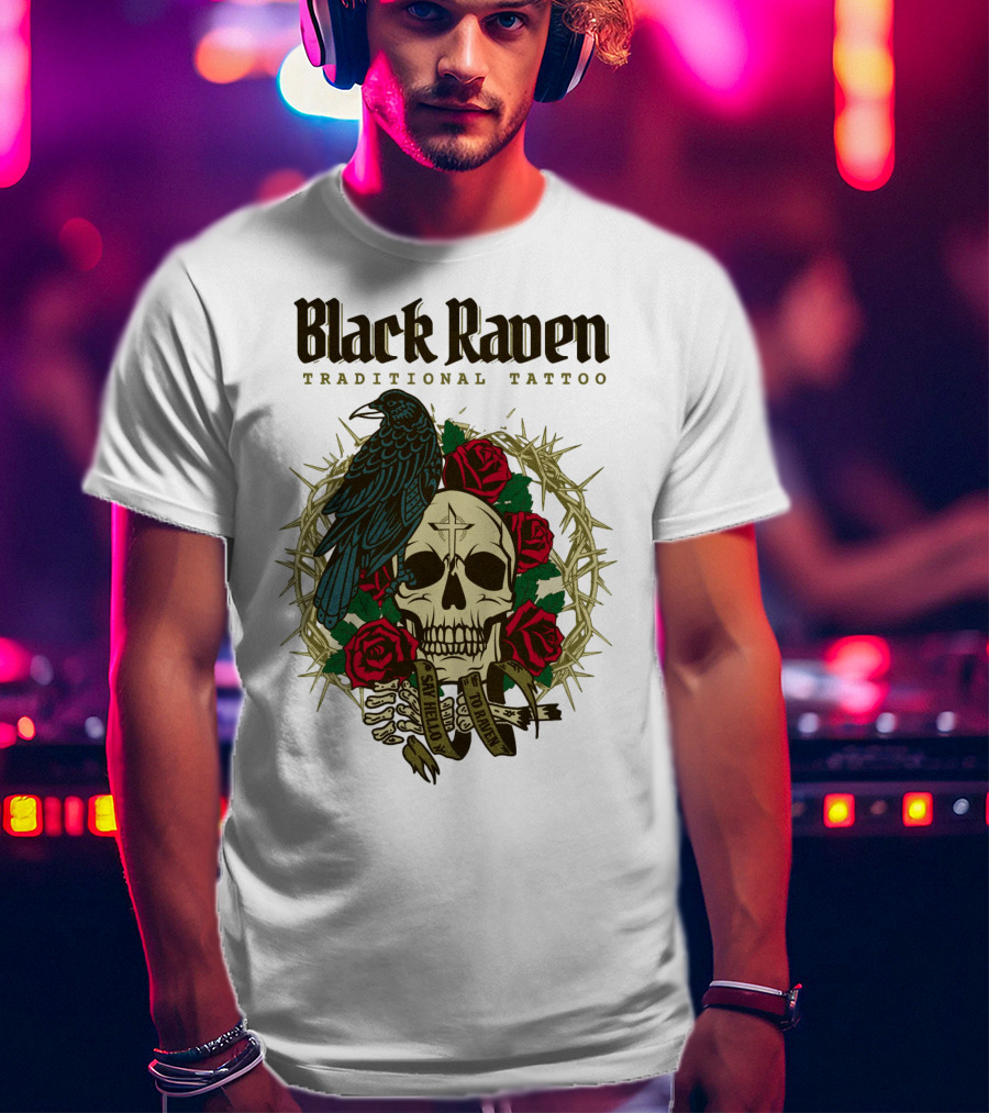 Black Raven Traditional Tattoo Skull Roses Thorns T-Shirt