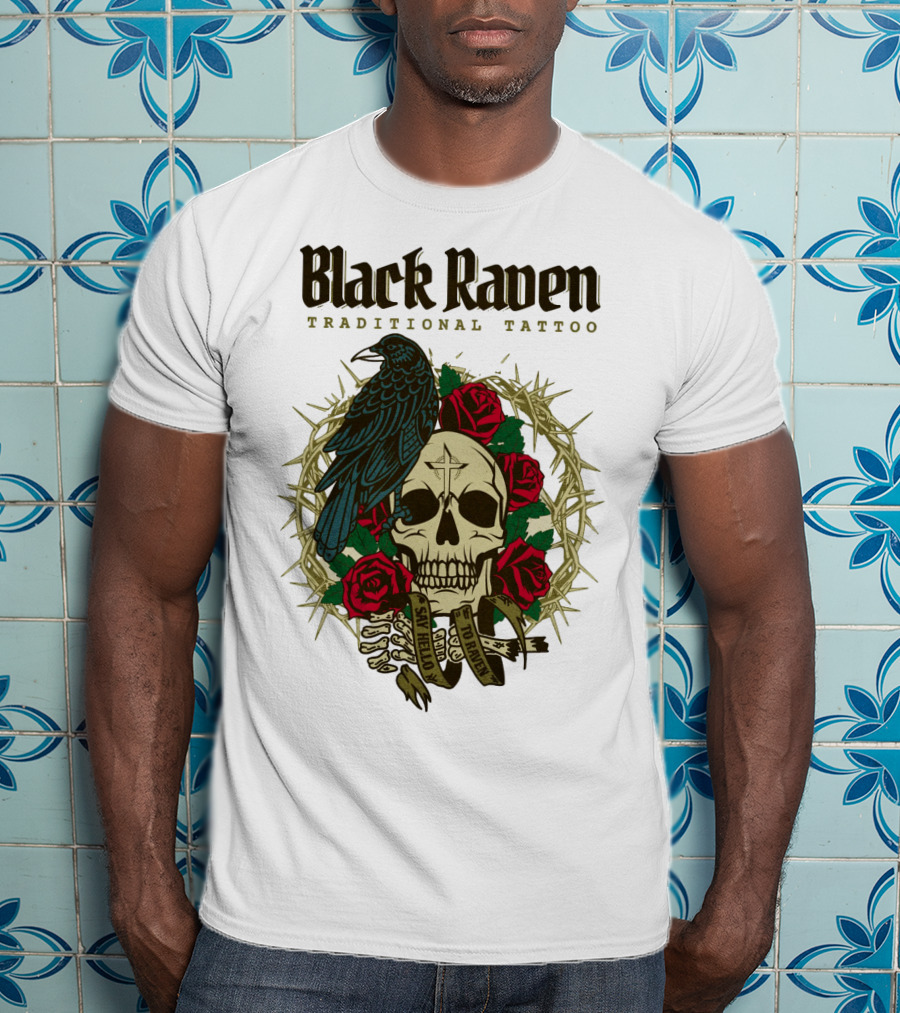 Black Raven Traditional Tattoo Skull Roses Thorns T-Shirt