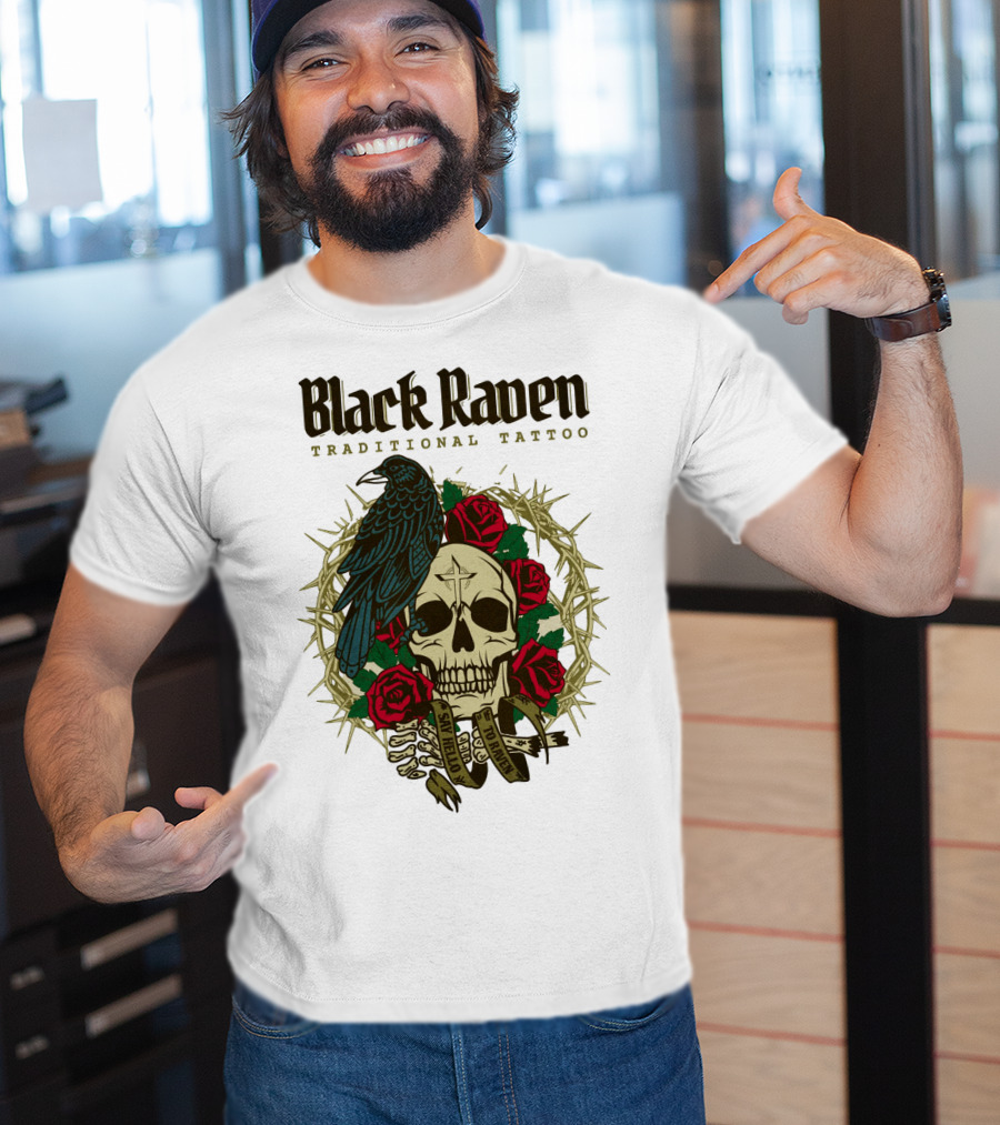 Black Raven Traditional Tattoo Skull Roses Thorns T-Shirt