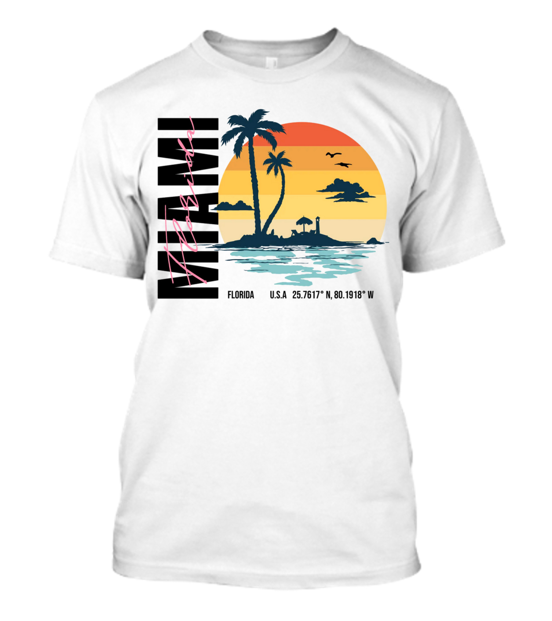 Florida Miami Beach Sunset Coordinates Palm Trees T-Shirt