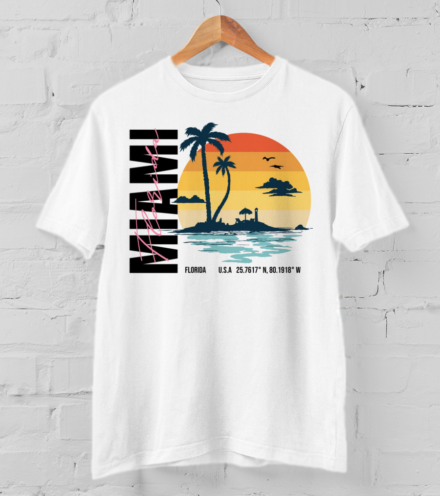 Florida Miami Beach Sunset Coordinates Palm Trees T-Shirt