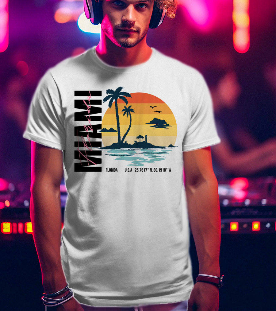 Florida Miami Beach Sunset Coordinates Palm Trees T-Shirt
