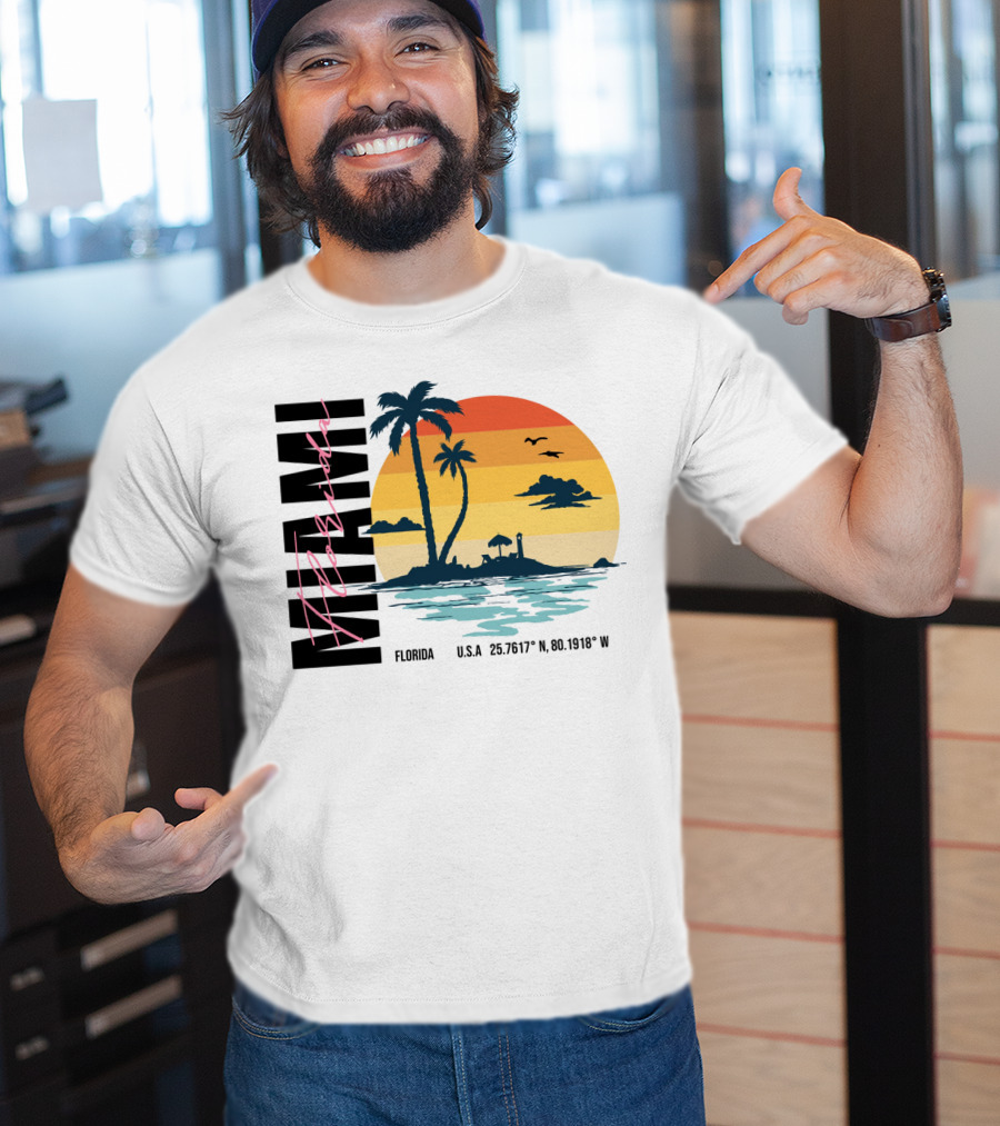 Florida Miami Beach Sunset Coordinates Palm Trees T-Shirt