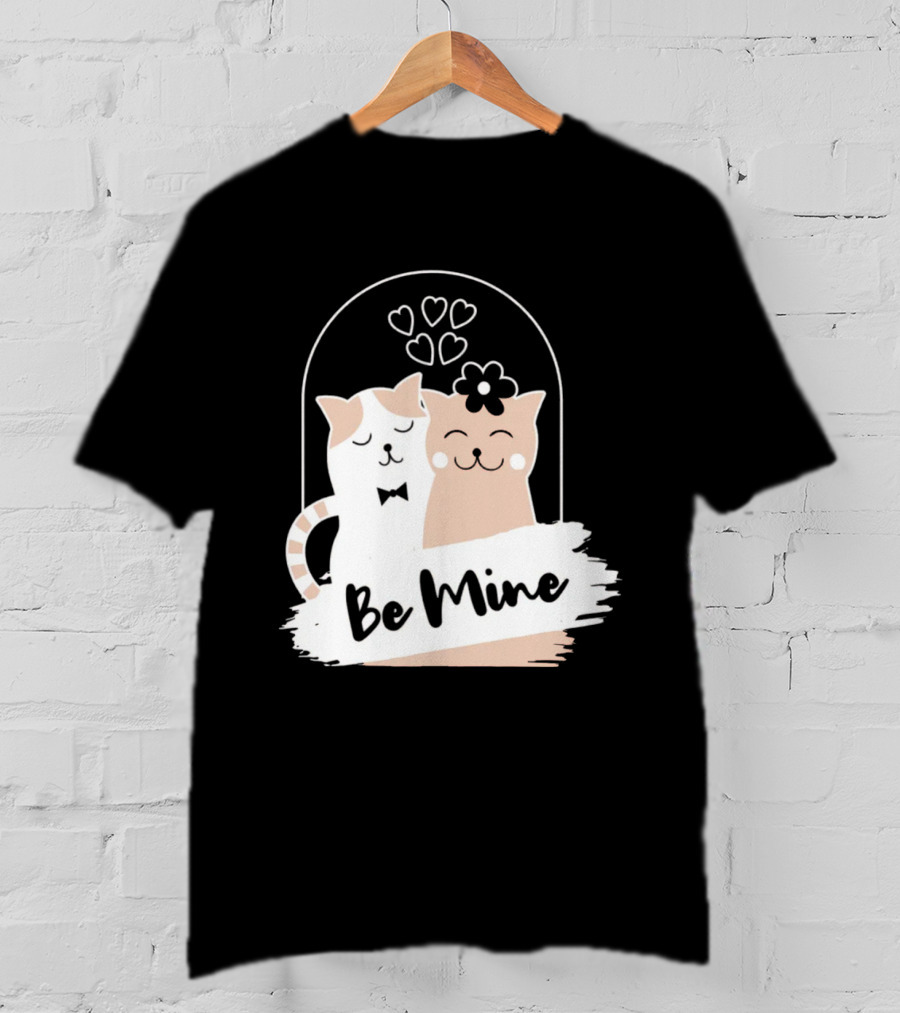 Be Mine Cute Cat Couple With Hearts And Bow Tie T-Shirt
