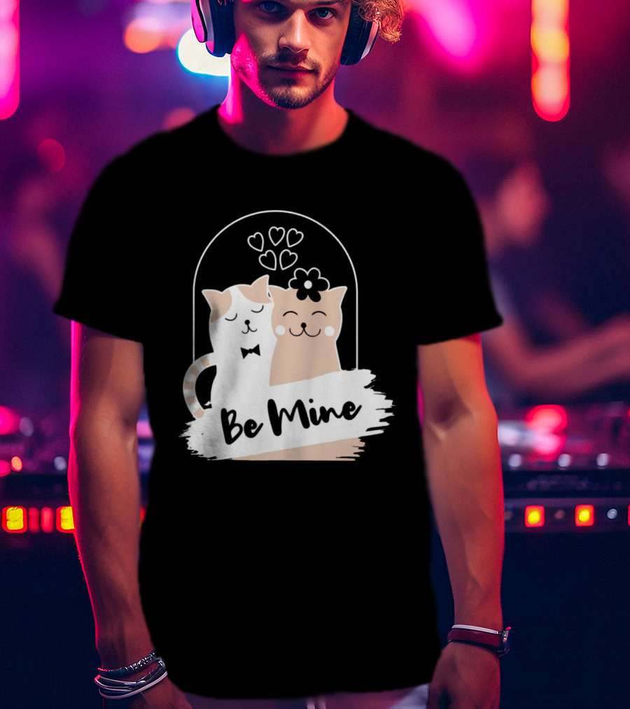 Be Mine Cute Cat Couple With Hearts And Bow Tie T-Shirt