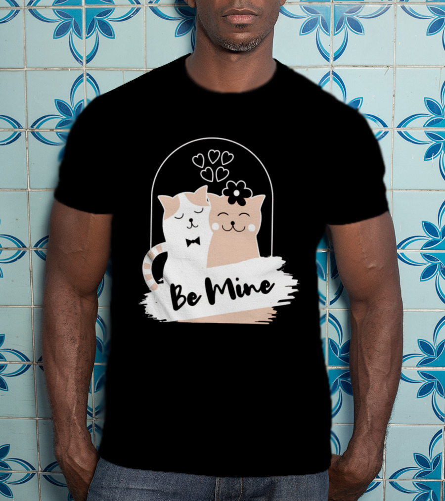 Be Mine Cute Cat Couple With Hearts And Bow Tie T-Shirt