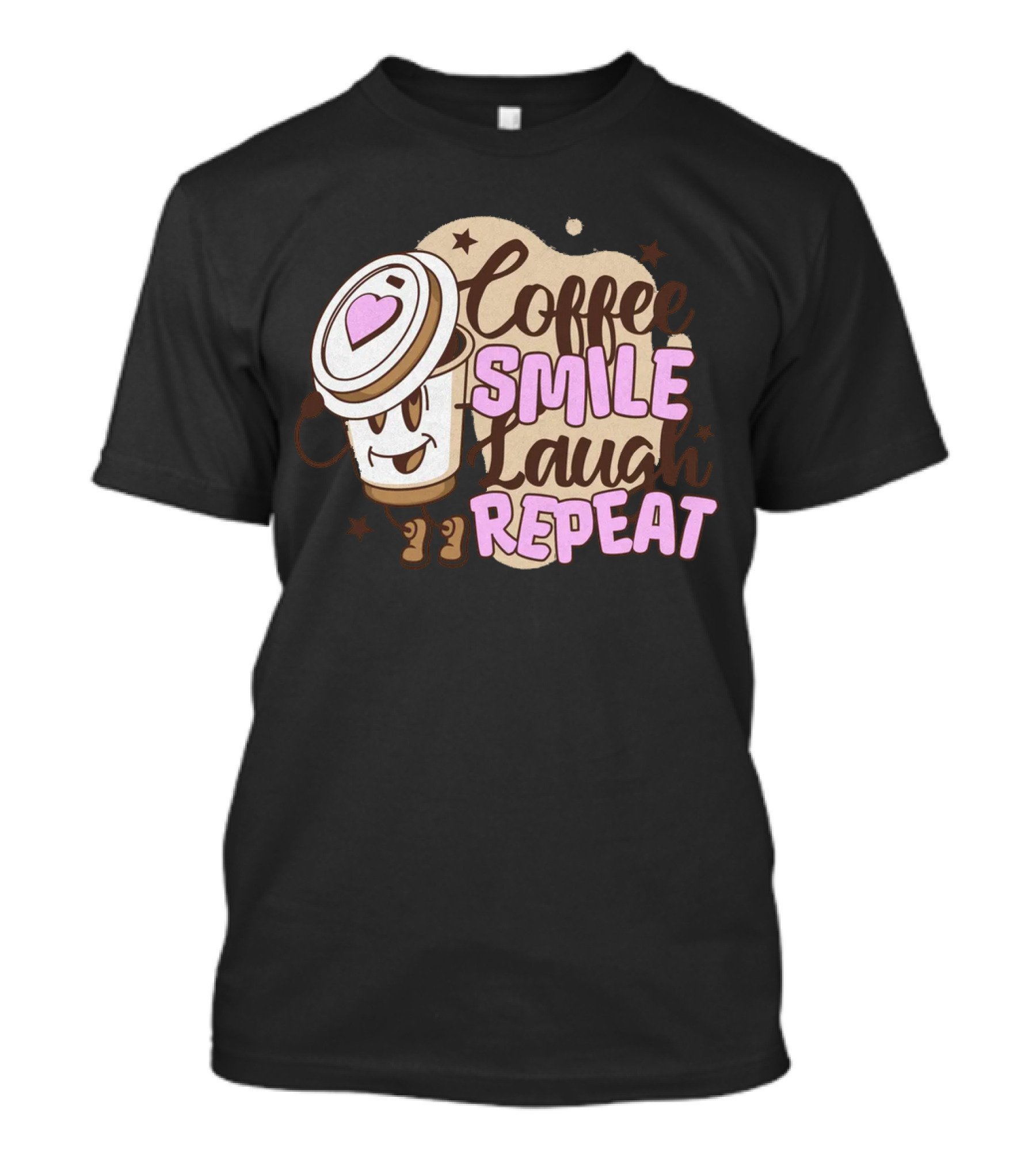 Coffee Smile Laugh Repeat Cartoon Mascot Happiness T-Shirt