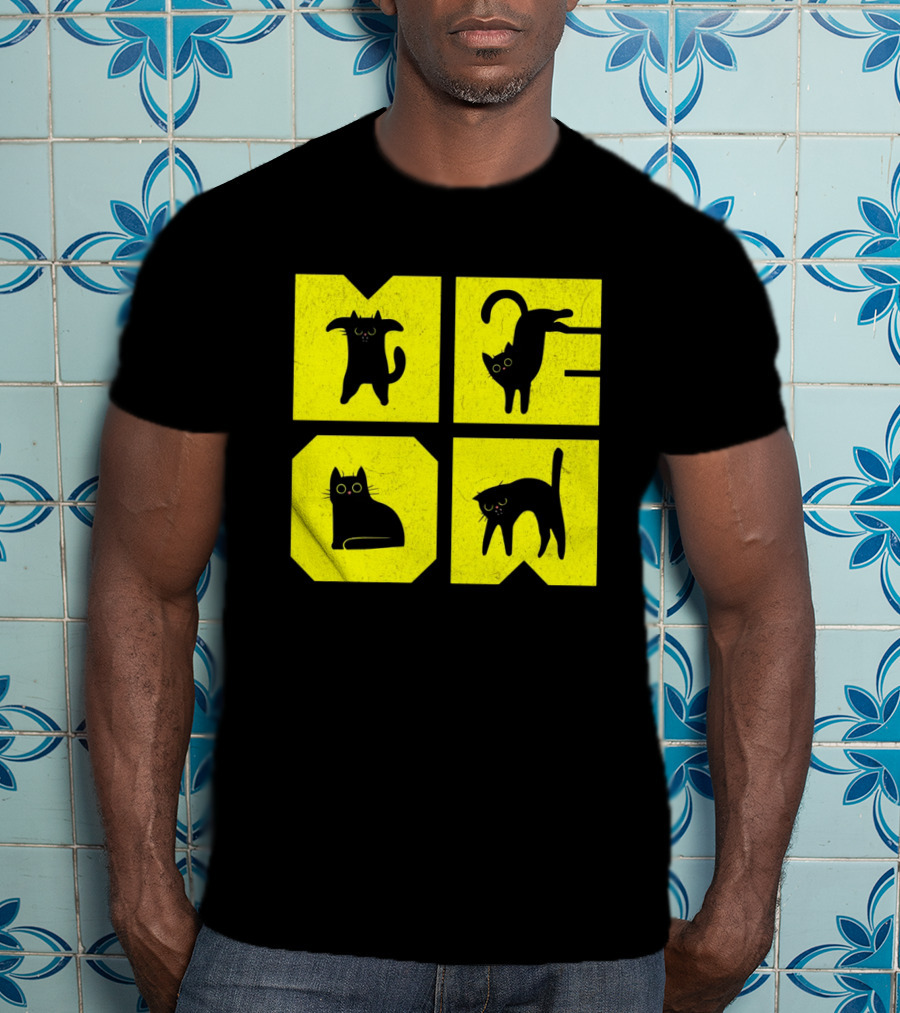 MEOW Cute Black Cats On Yellow Blocks T-Shirt