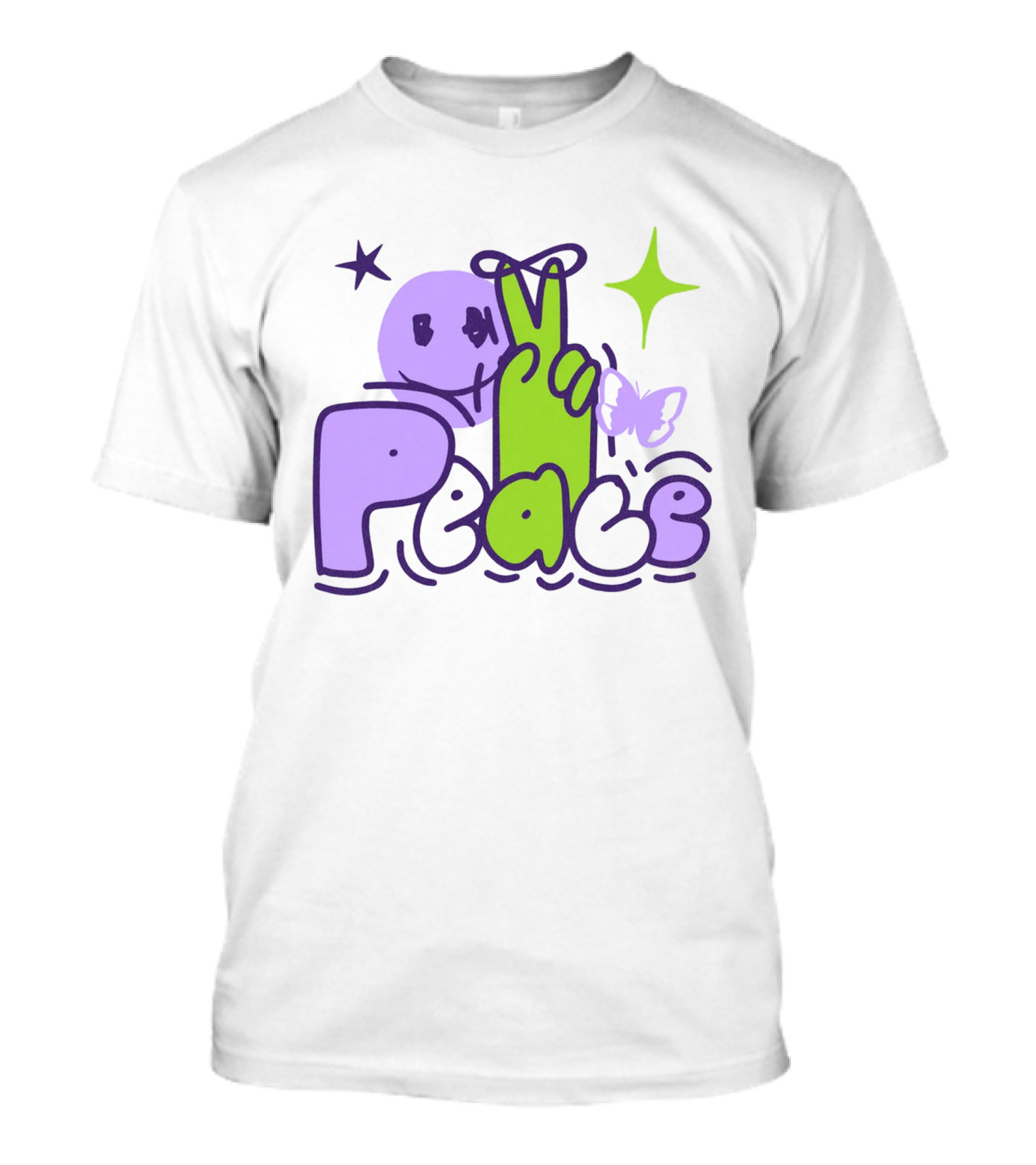 Peace Doodle Smiley Face Butterfly Star Purple Green T-Shirt