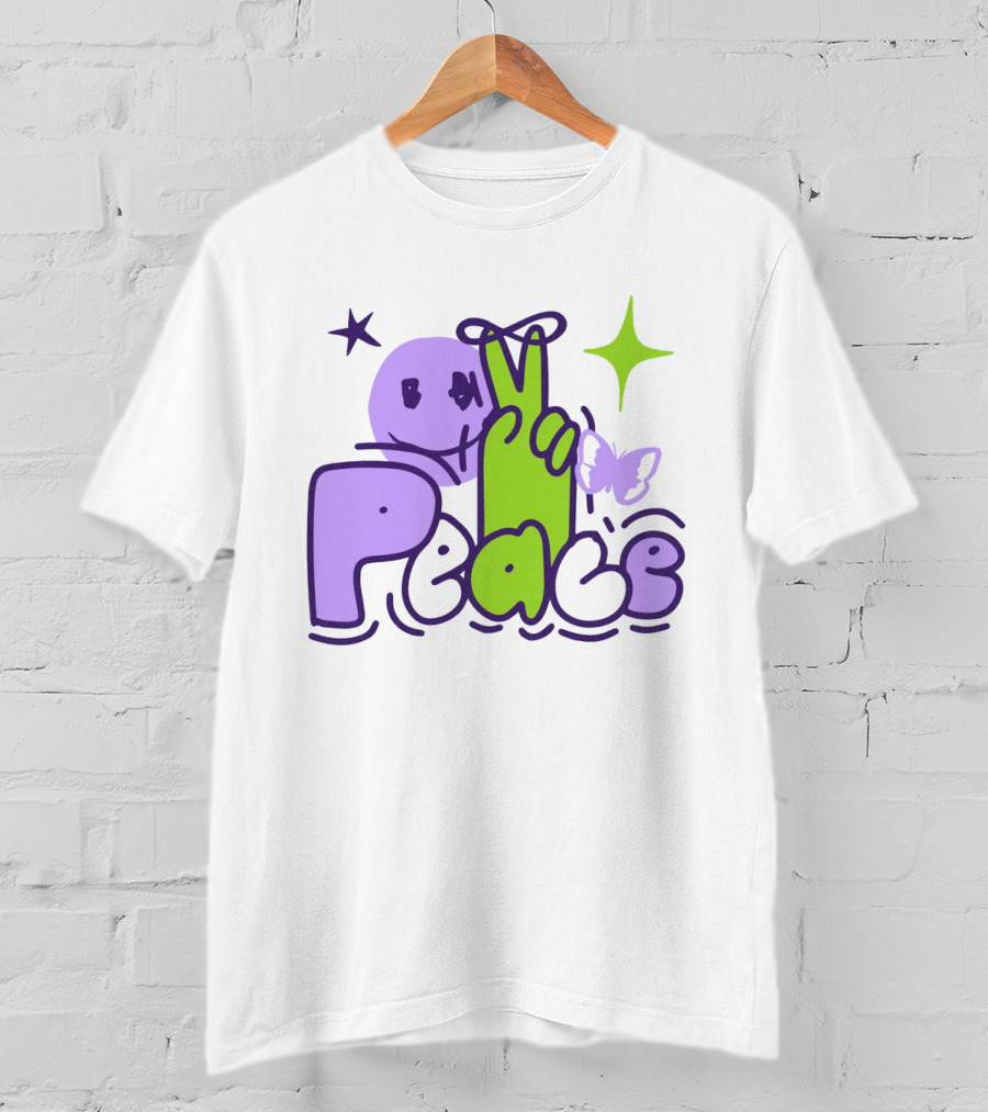 Peace Doodle Smiley Face Butterfly Star Purple Green T-Shirt