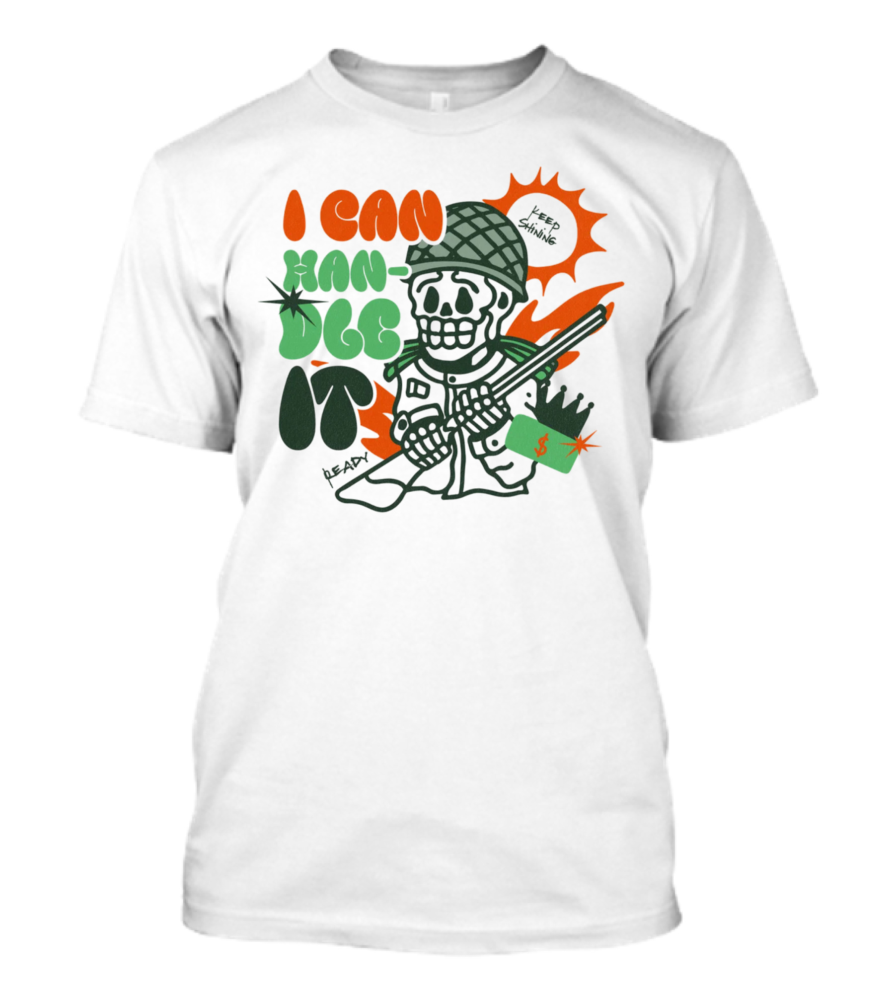 I Can Handle It Skeleton Holding Tags In Helmet With Sunburst T-Shirt