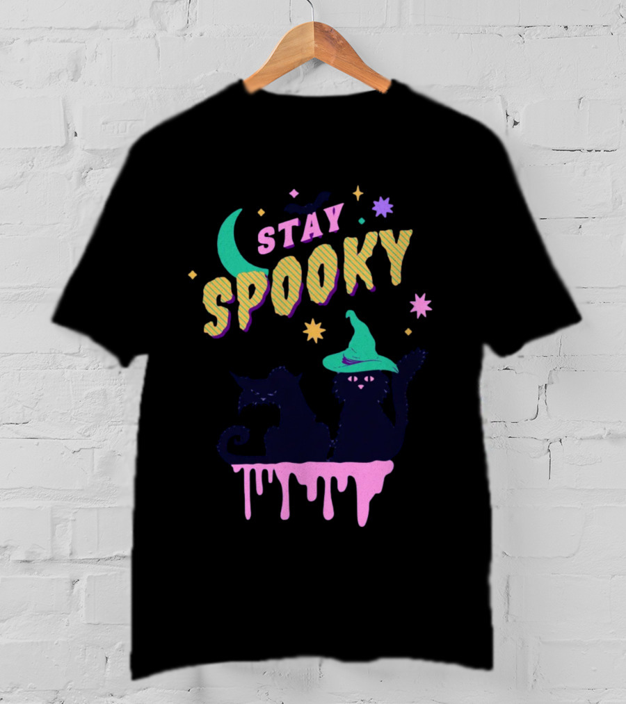 Stay Spooky Halloween Cats Moon Witch Hat Dripping Stars T-Shirt