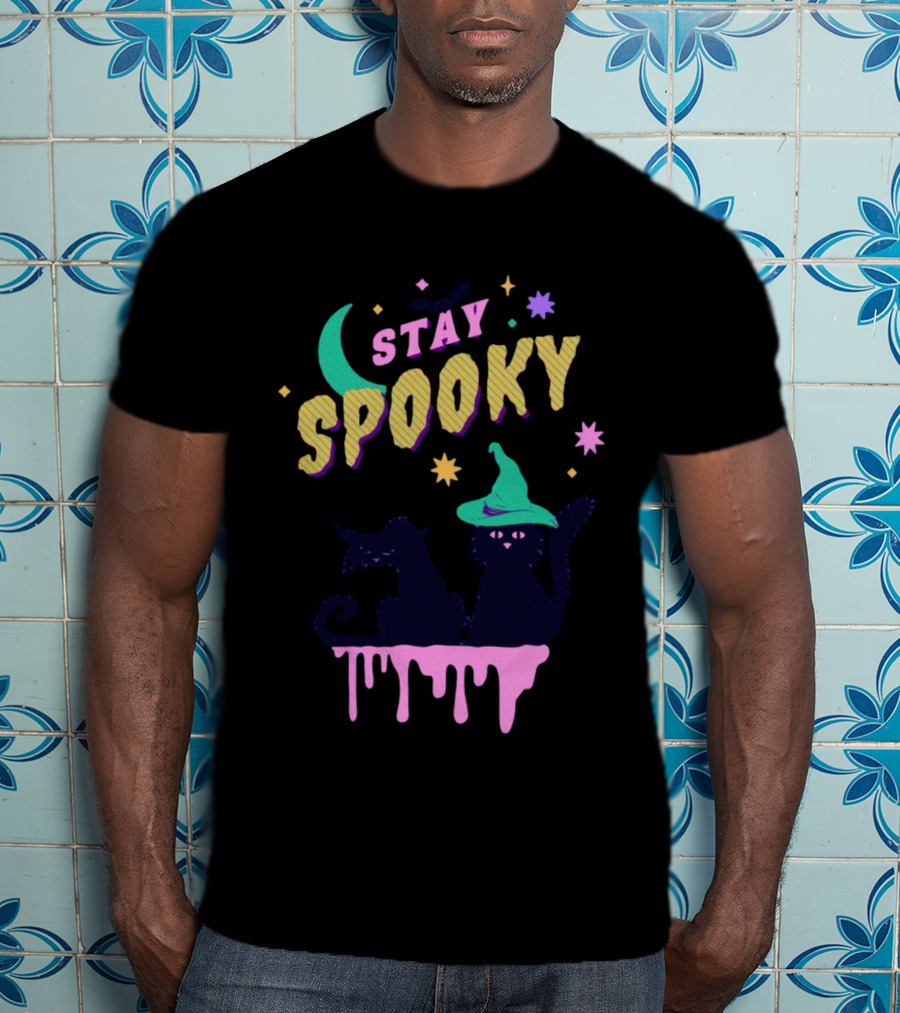 Stay Spooky Halloween Cats Moon Witch Hat Dripping Stars T-Shirt