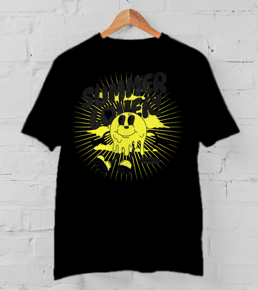 Summer Lover Cartoon Melting Smiley With Radiant Sunburst Background T-Shirt