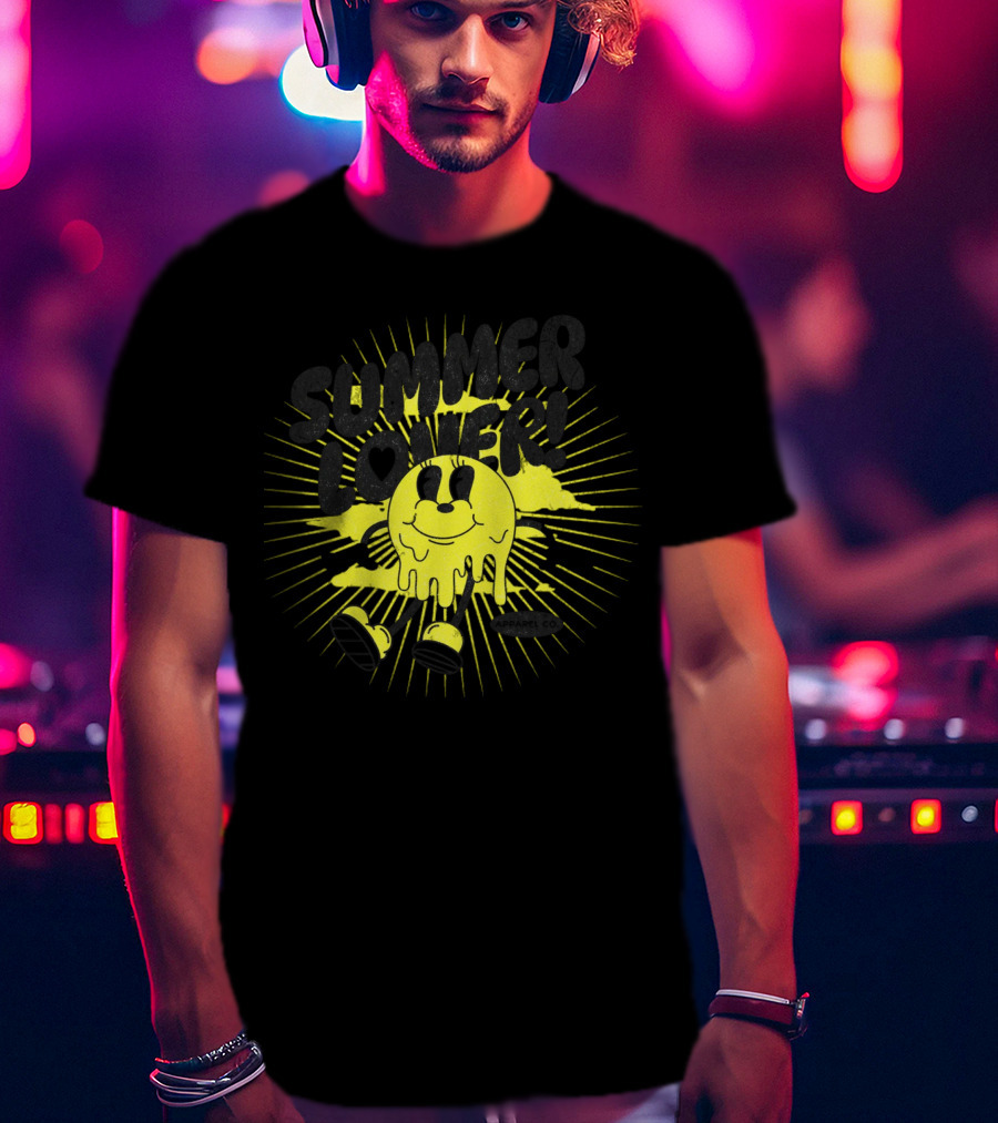 Summer Lover Cartoon Melting Smiley With Radiant Sunburst Background T-Shirt