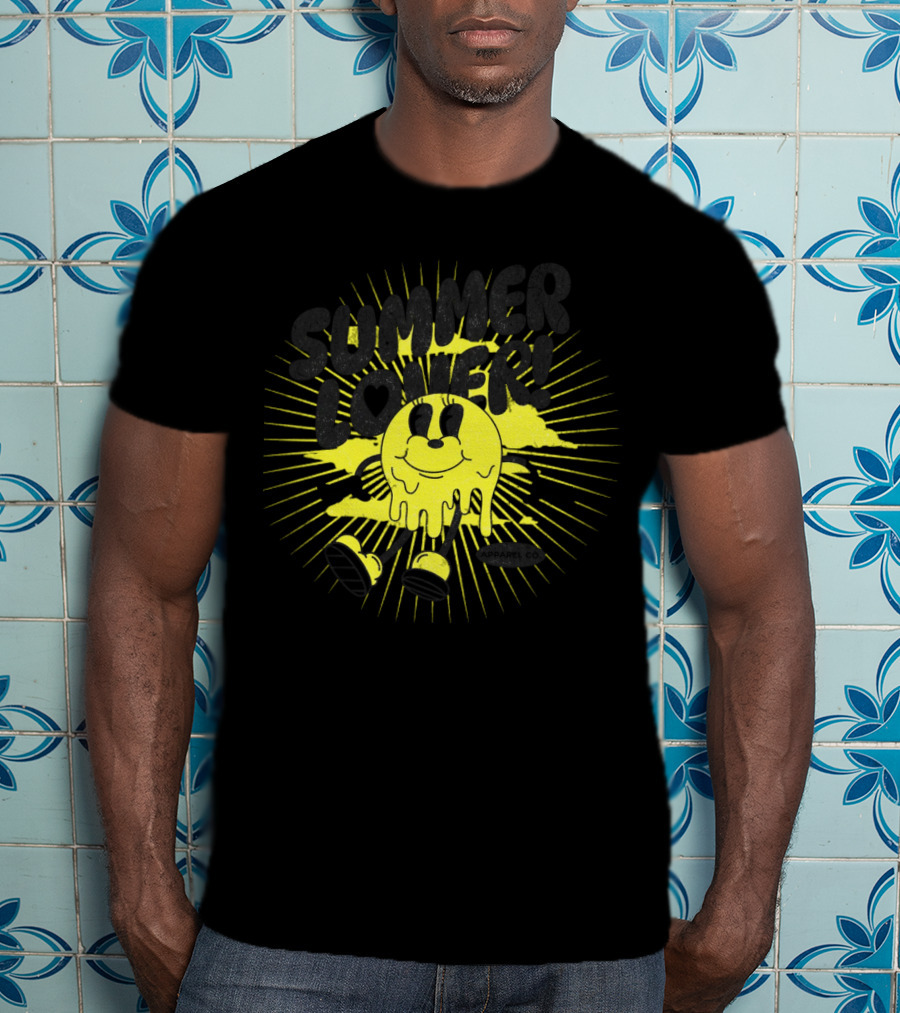 Summer Lover Cartoon Melting Smiley With Radiant Sunburst Background T-Shirt