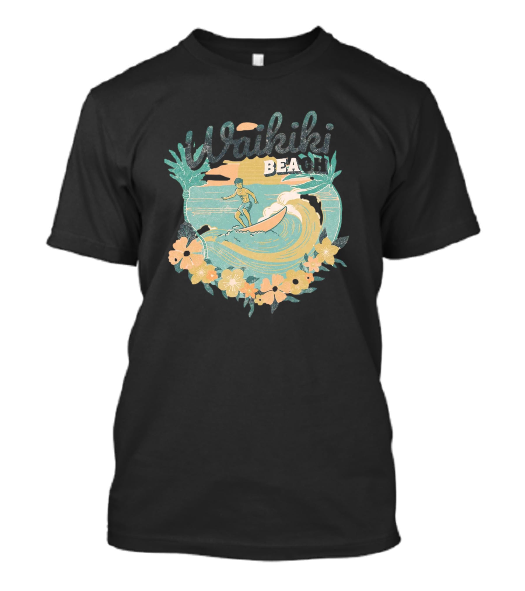 Waikiki Beach Vintage Surfing Adventure Floral T-Shirt