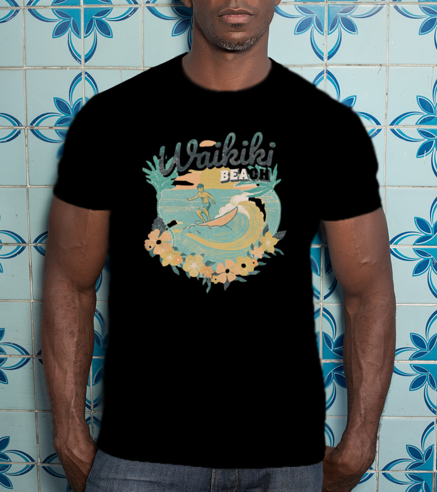 Waikiki Beach Vintage Surfing Adventure Floral T-Shirt