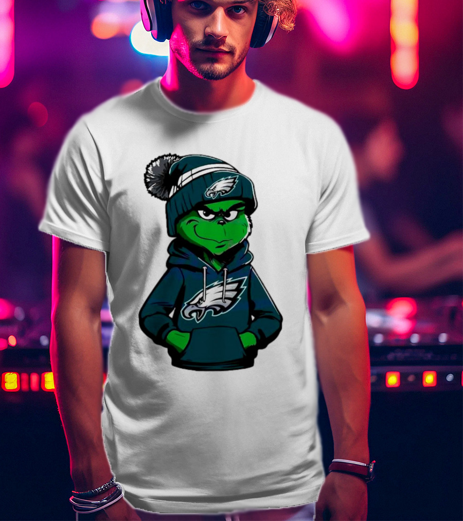 Grinch Dressed In Philadelphia Eagles Hoodie And Hat T-Shirt