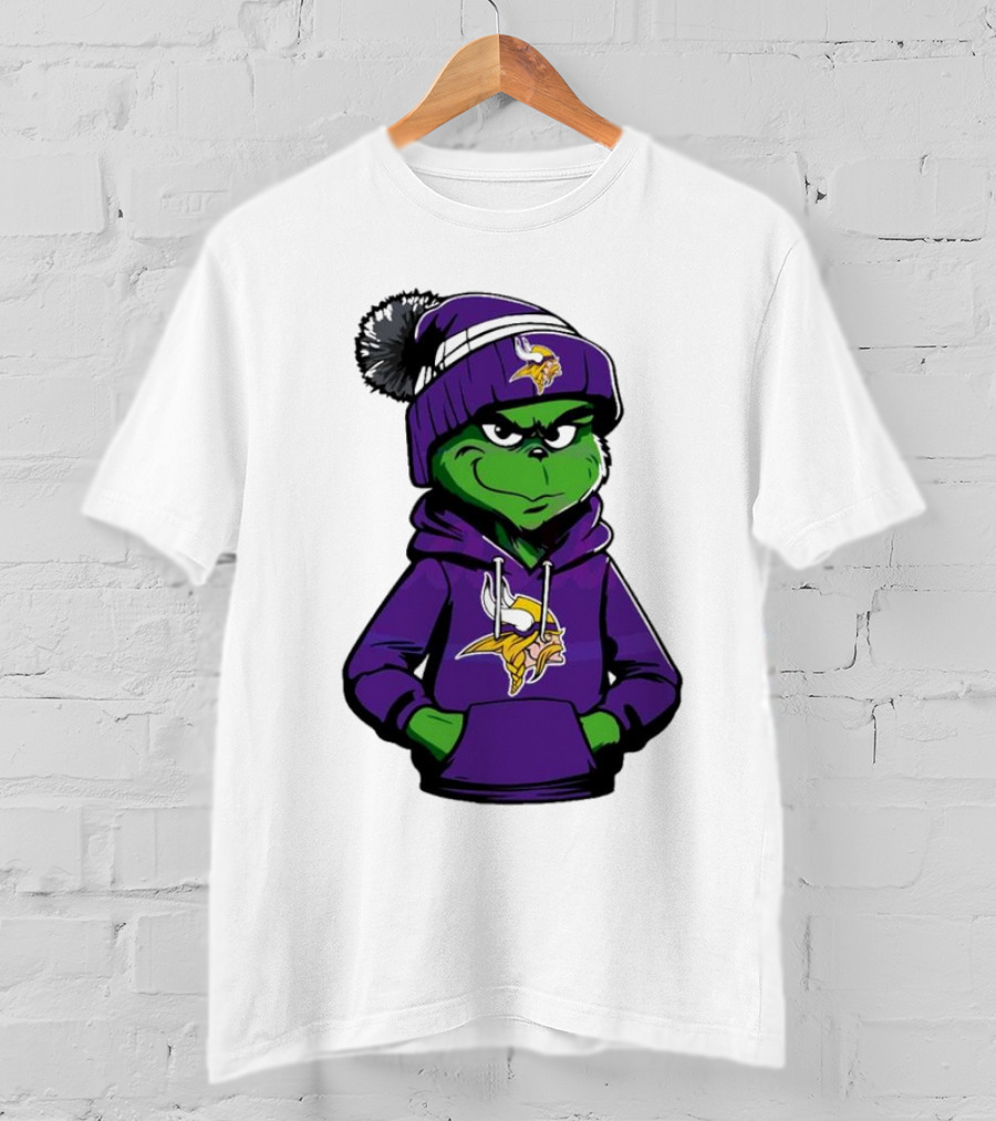 Grinch In Minnesota Vikings Hoodie And Hat With Team T-Shirt