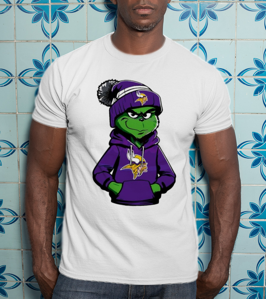 Grinch In Minnesota Vikings Hoodie And Hat With Team T-Shirt