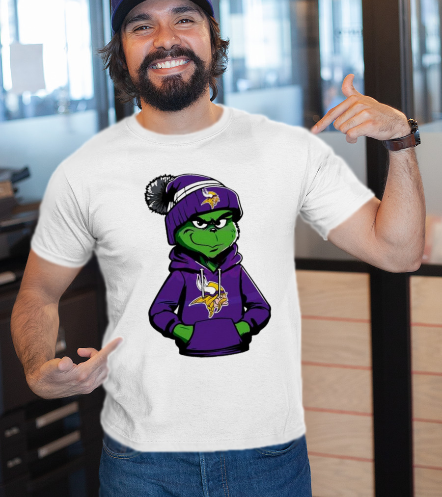 Grinch In Minnesota Vikings Hoodie And Hat With Team T-Shirt