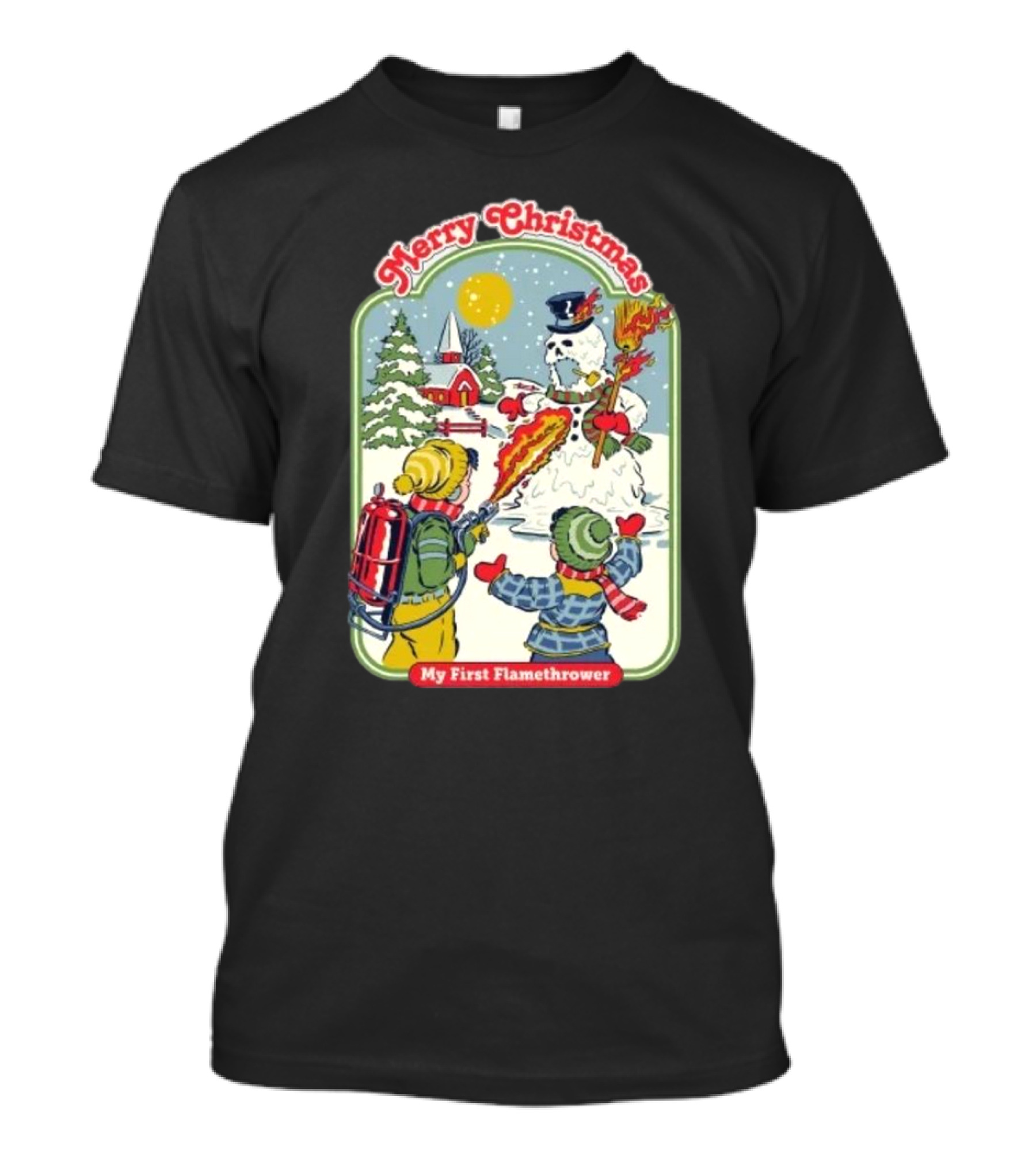Merry Christmas My First Flamethrower Vintage Snowman Scene T-Shirt